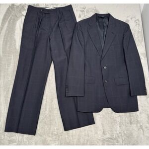 Vintage Navy Blue Wool 2pc Suit Mens 40R Blazer Jacket 28 Pants Windowpane 80s